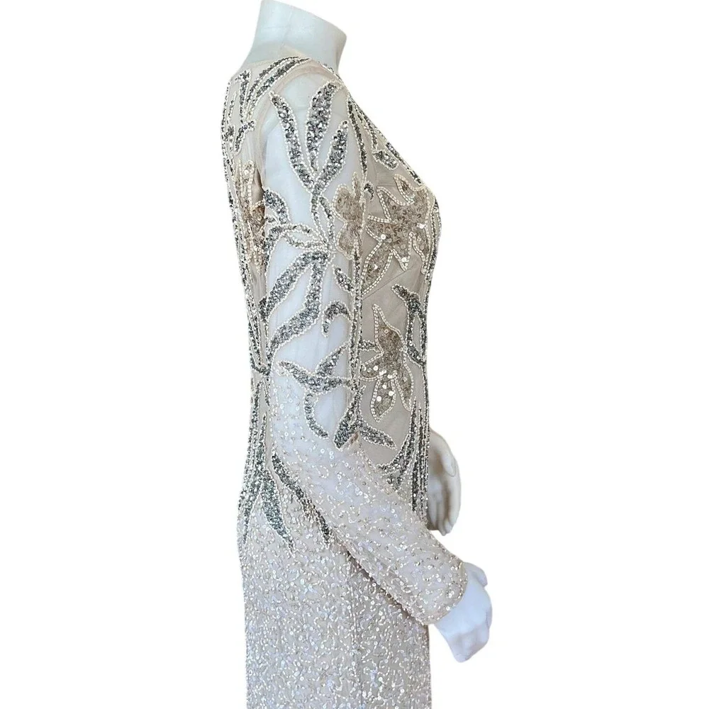 Adrianna Papell Embellished Illusion Gown Beaded Floral Sequin Sz 6  Maxi Modest - Picture 6 of 9